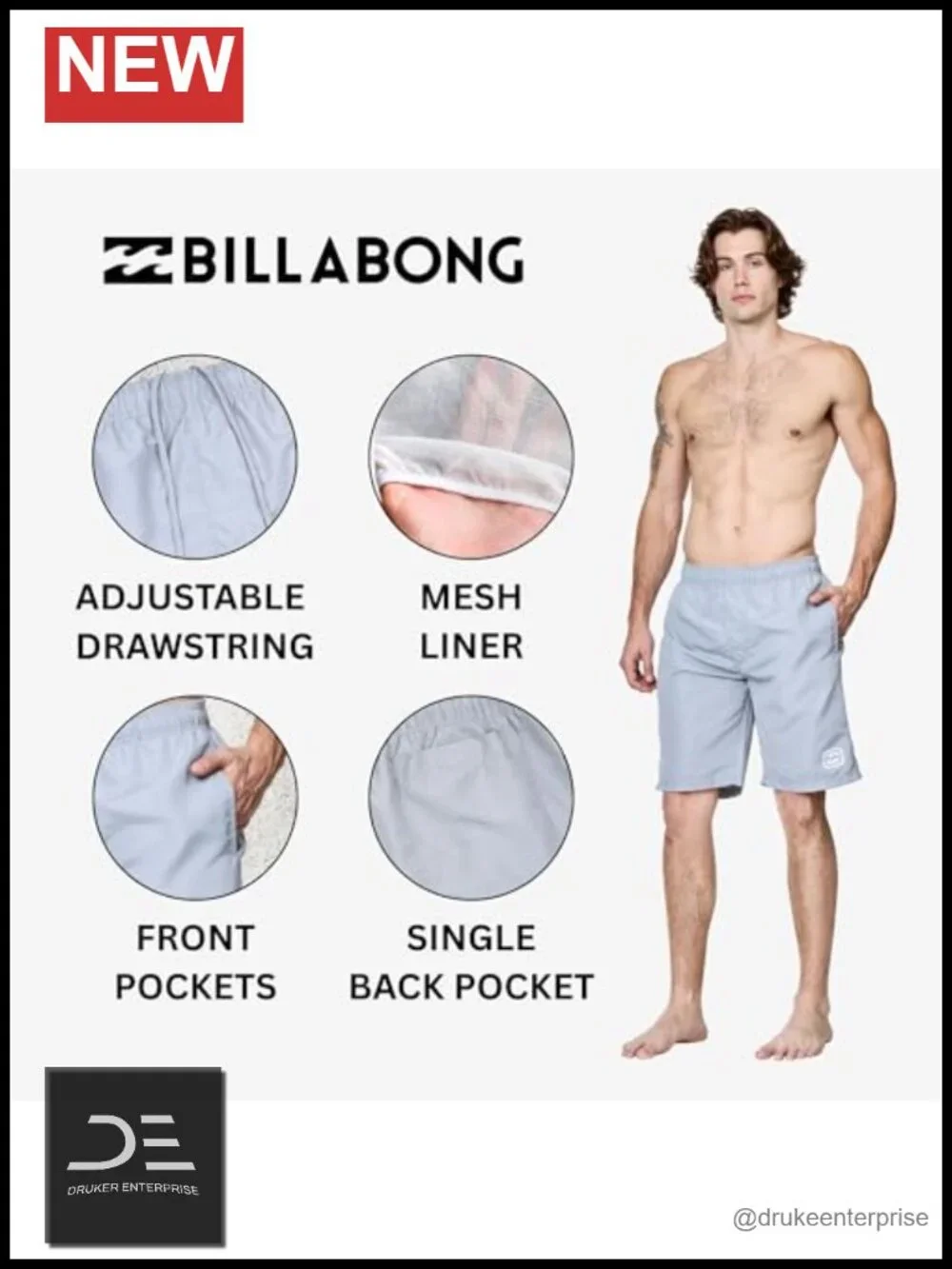 Quick Dry Board Shorts for Men, Adjustable Waist, 10 Inseam